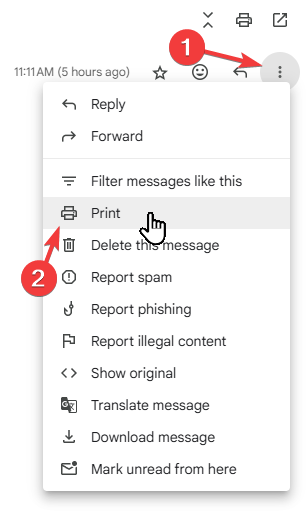 Menu de Gmail pour sélectionner l'impression d'un e-mail