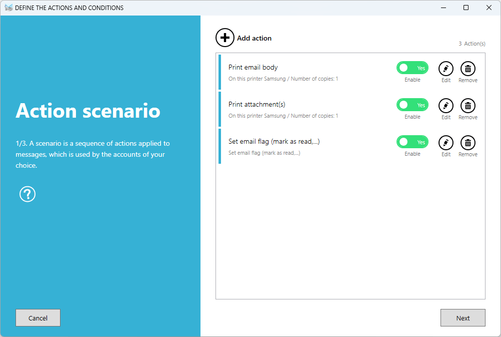 Scenario with actions to print email and attachments